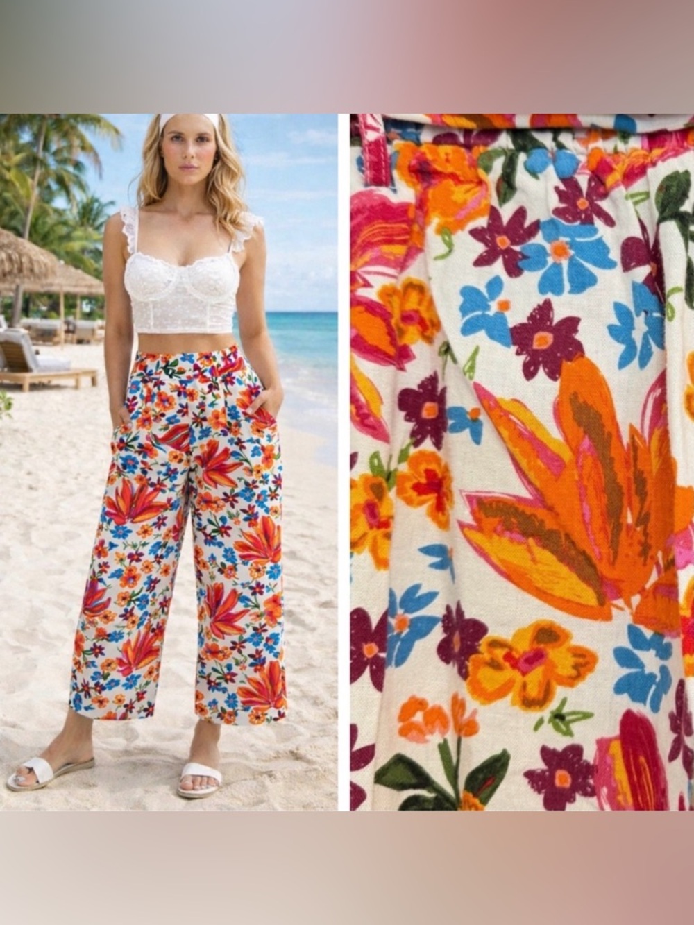 JOIE Linen Blend Wide Leg Beaded Belt Floral Pants Size 2